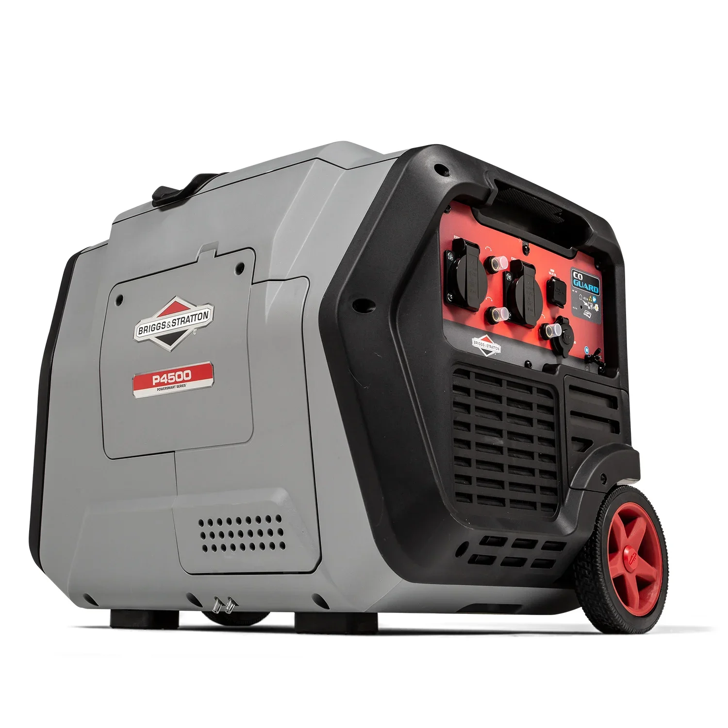 A portable industrial welding generator with gray and black body, red accents, and red wheels.