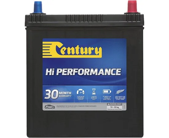 Century Hi Performance car battery with blue and red terminals and a blue label indicating 30-month warranty.