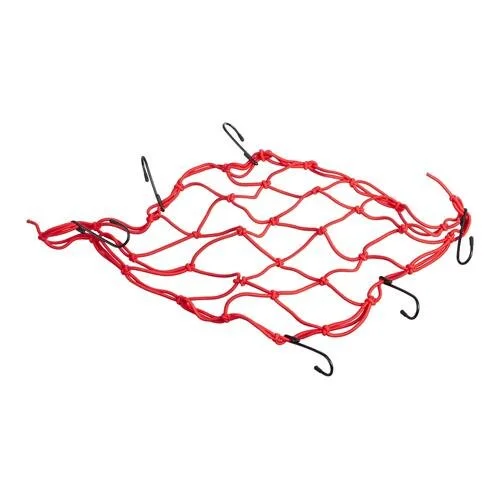 Red rescue stretcher net with hooks for emergency extraction.