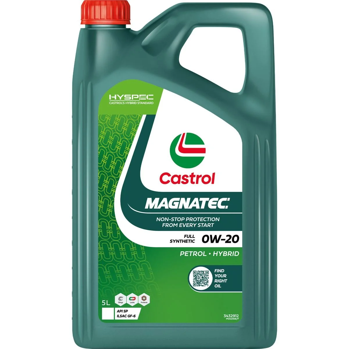 A 5-liter bottle of Castrol Magnatec full synthetic 0W-20 motor oil for petrol hybrid vehicles with non-stop protection from every start.