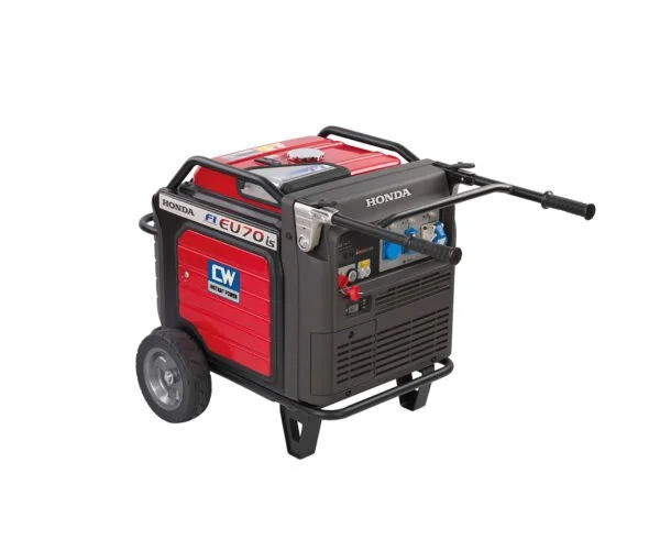 Portable welder with wheels and handles, branded Honda, with control panel and power connections.