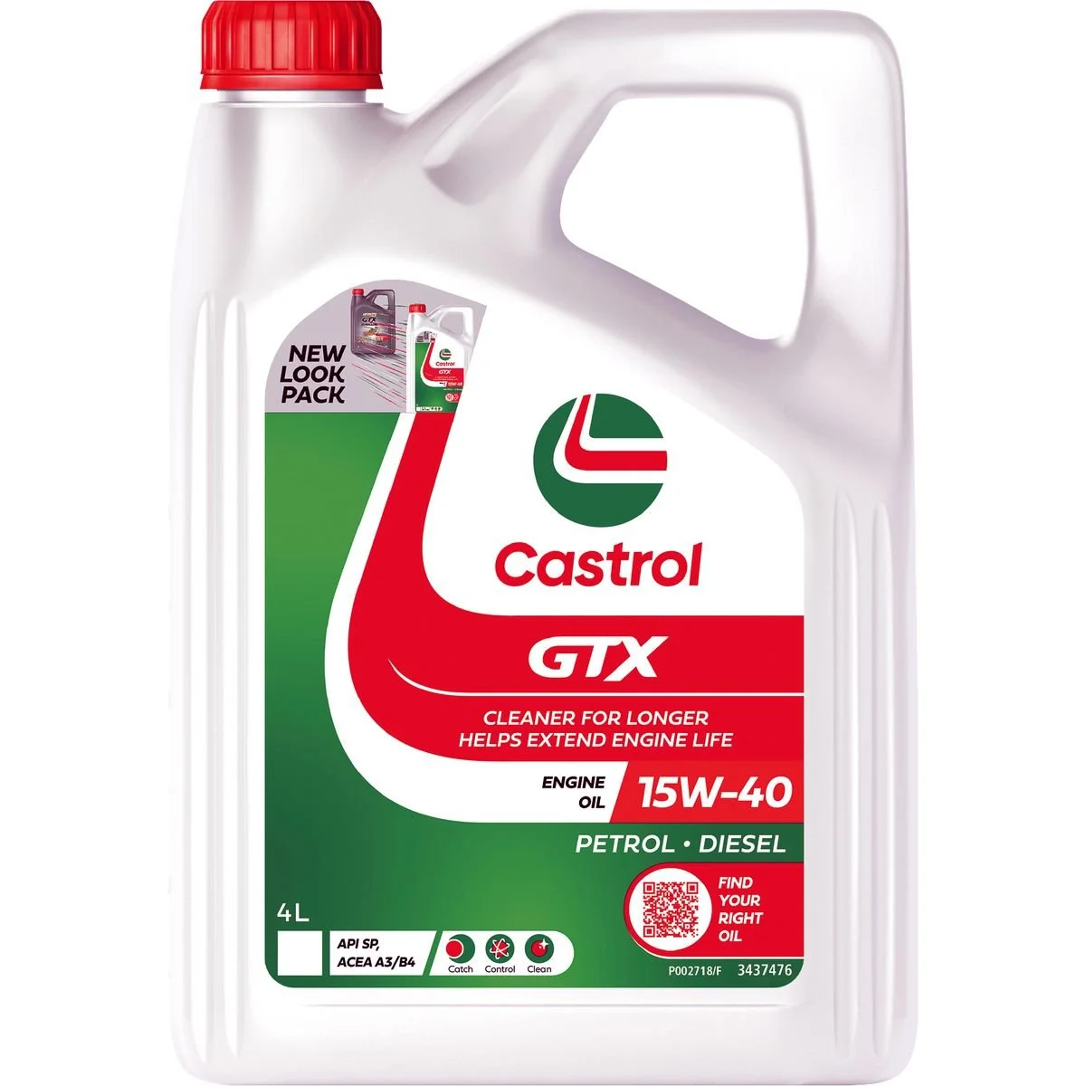 Castrol GTX engine oil container with a red screw cap, 4-liter size, suitable for petrol and diesel engines, labeled 15W-40, with branding that emphasizes longer engine life.