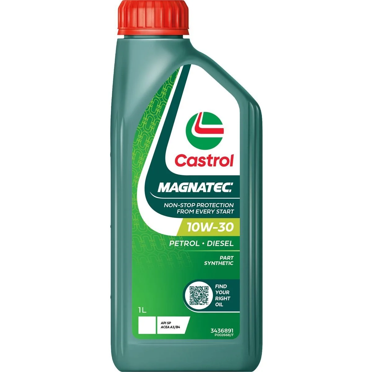 Castrol Magnatec 10W-30 motor oil for petrol and diesel engines, with a red cap and label indicating non-stop protection and synthetic blend.