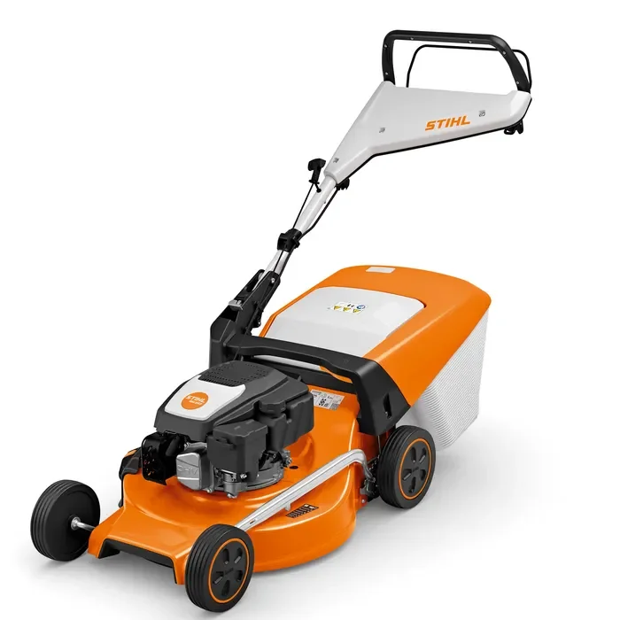 An orange and white robotic lawn mower with a handle and wheels, manufactured by STIHL.
