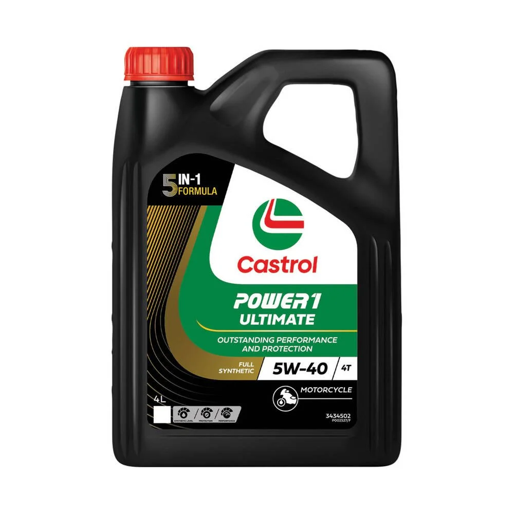 A black plastic bottle of Castrol Power 1 Ultimate synthetic motorcycle engine oil, 4 liters, with a red cap and a label indicating 5W-40 viscosity, N-1 formula, and outstanding performance and protection.