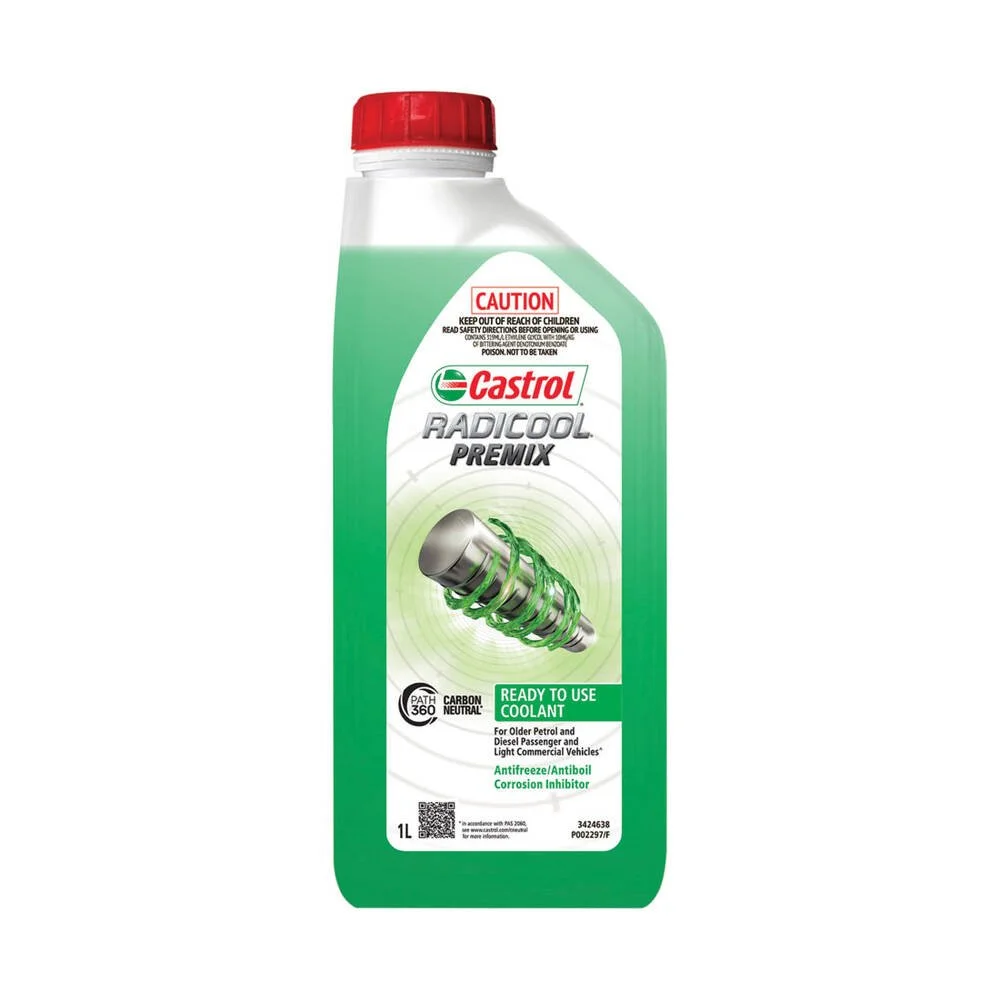 A green and white bottle of Castrol Radicool Premix ready-to-use coolant with a red cap, featuring a graphic of a turbocharger and text indicating it is for older petrol and diesel vehicles, and is an anti-freeze, anti-bio, and corrosion inhibitor.