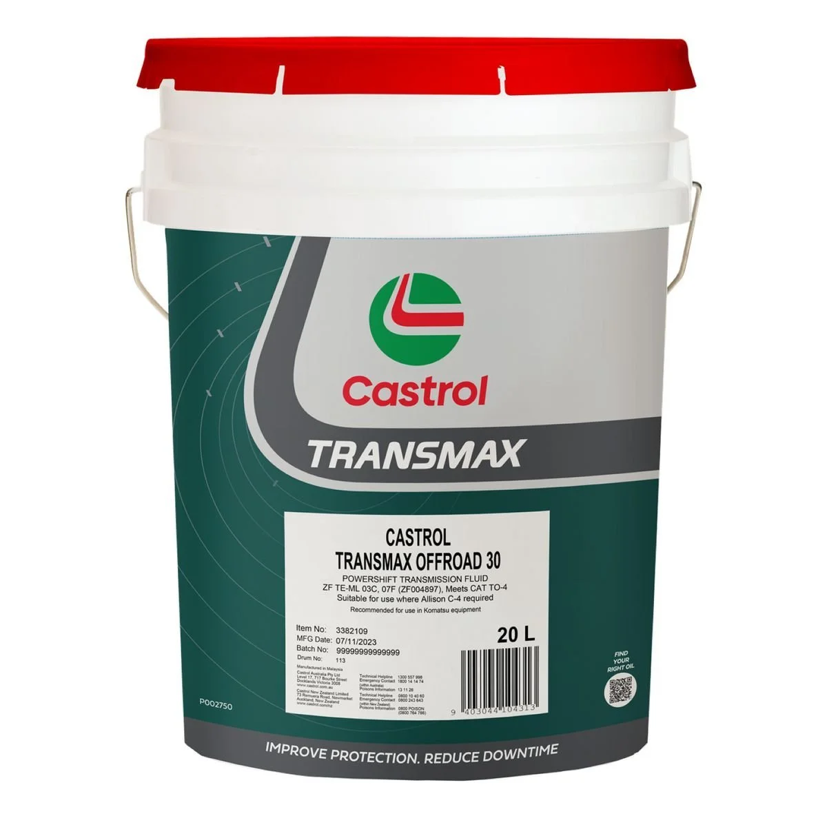 Castrol Transmax Offroad 30 transmission fluid with green, gray, and white labeling, featuring the Castrol logo and product information.