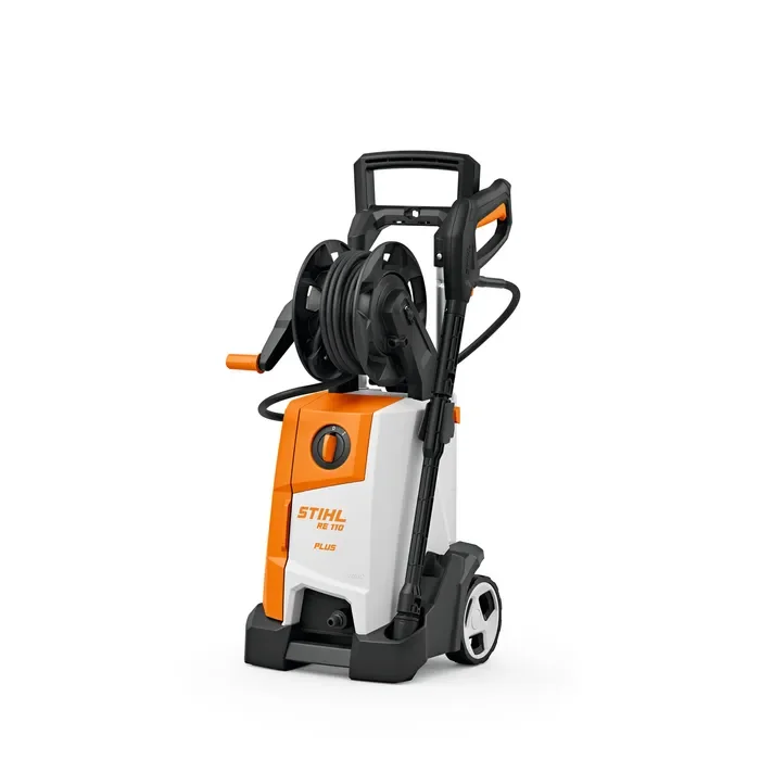 A portable electric pressure washer with a black and orange design, featuring a hose reel, handle, and wheels for mobility.