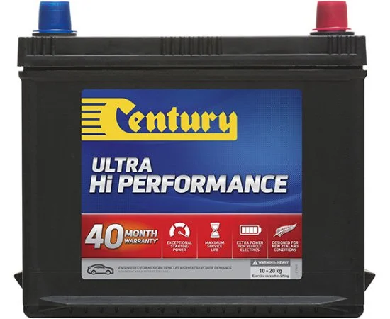Century Ultra Hi Performance car battery with blue and red terminals and a blue label.
