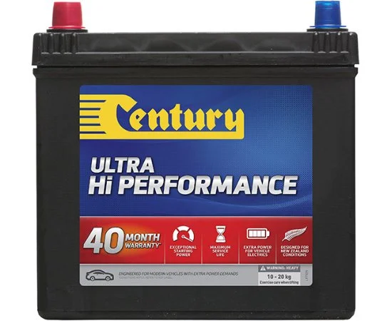 A black car battery with red and blue terminals, labeled Century Ultra Hi Performance, offering 40 months warranty.