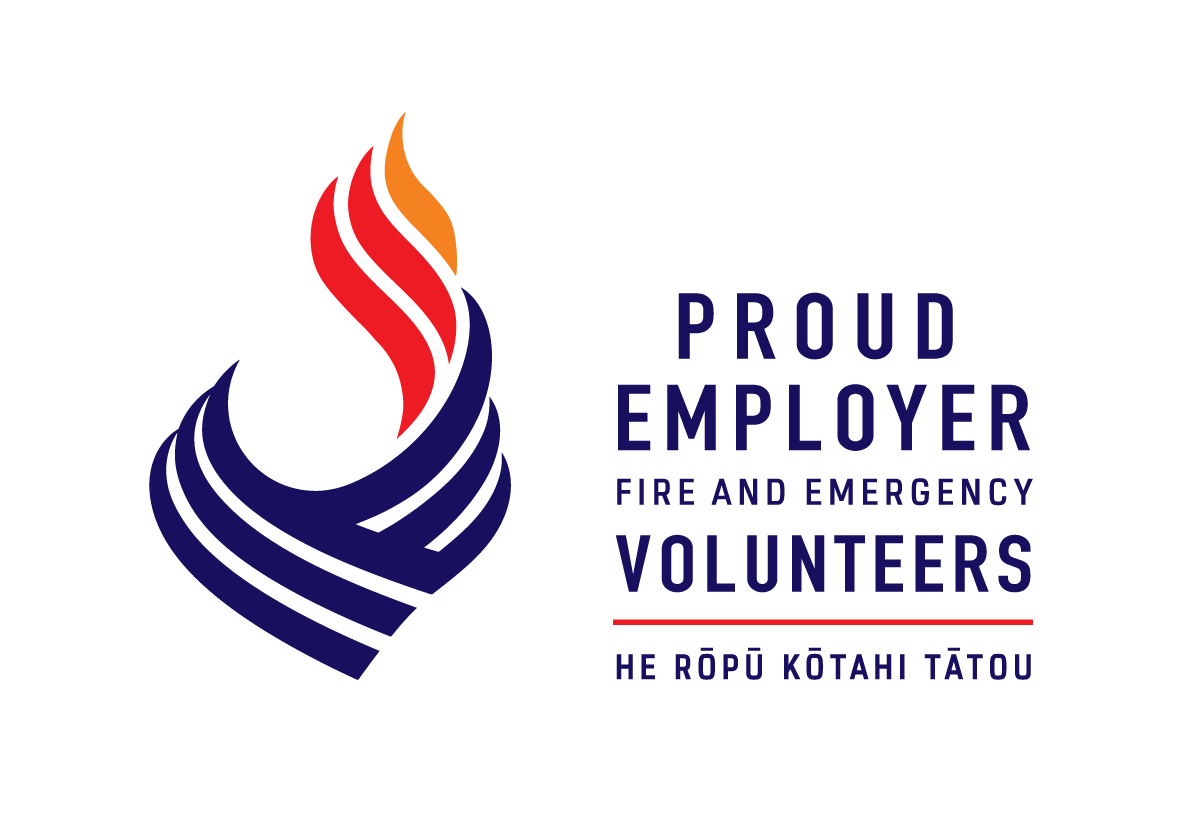 Logo for Proud Employer Fire and Emergency Volunteers with stylized flame and blue wave design, and text in English and Māori.