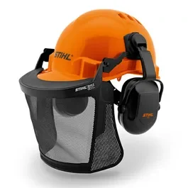 Orange safety helmet with attached ear protection and mesh face shield