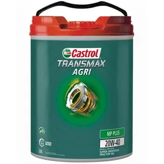 A container of Castrol Transmax Agri transmission oil, 20W-40, 20-liter capacity.