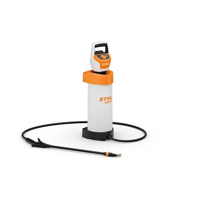 A Stihl electric pressure washer with a long black hose and a spray wand, standing on a white background.