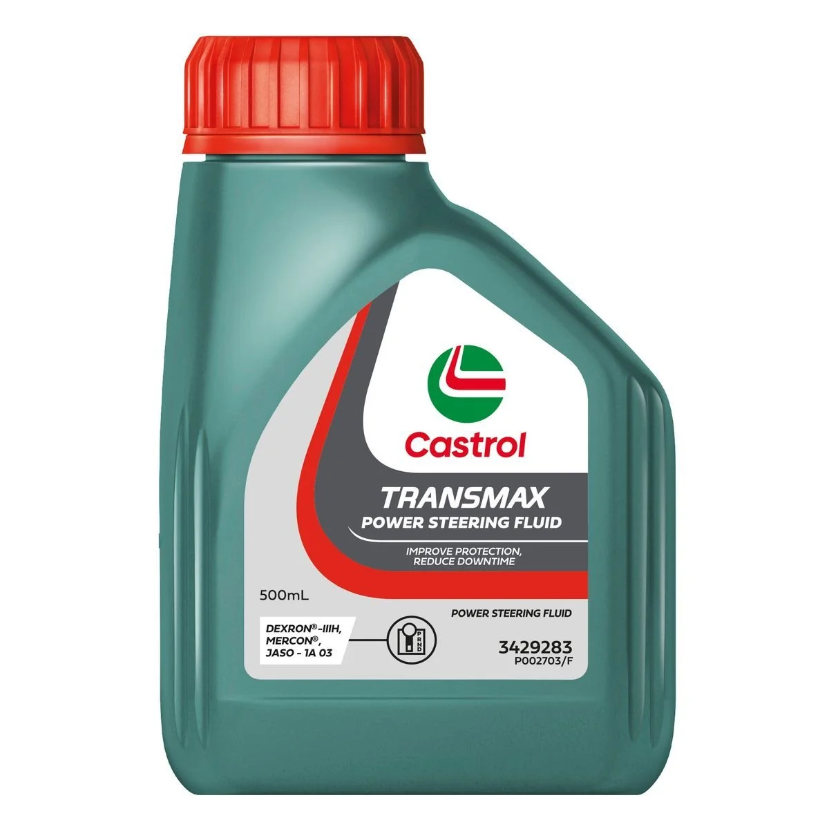 A 500ml bottle of Castrol Transmax Power Steering Fluid with a red cap and a label showing the Castrol logo, product name, and usage information.