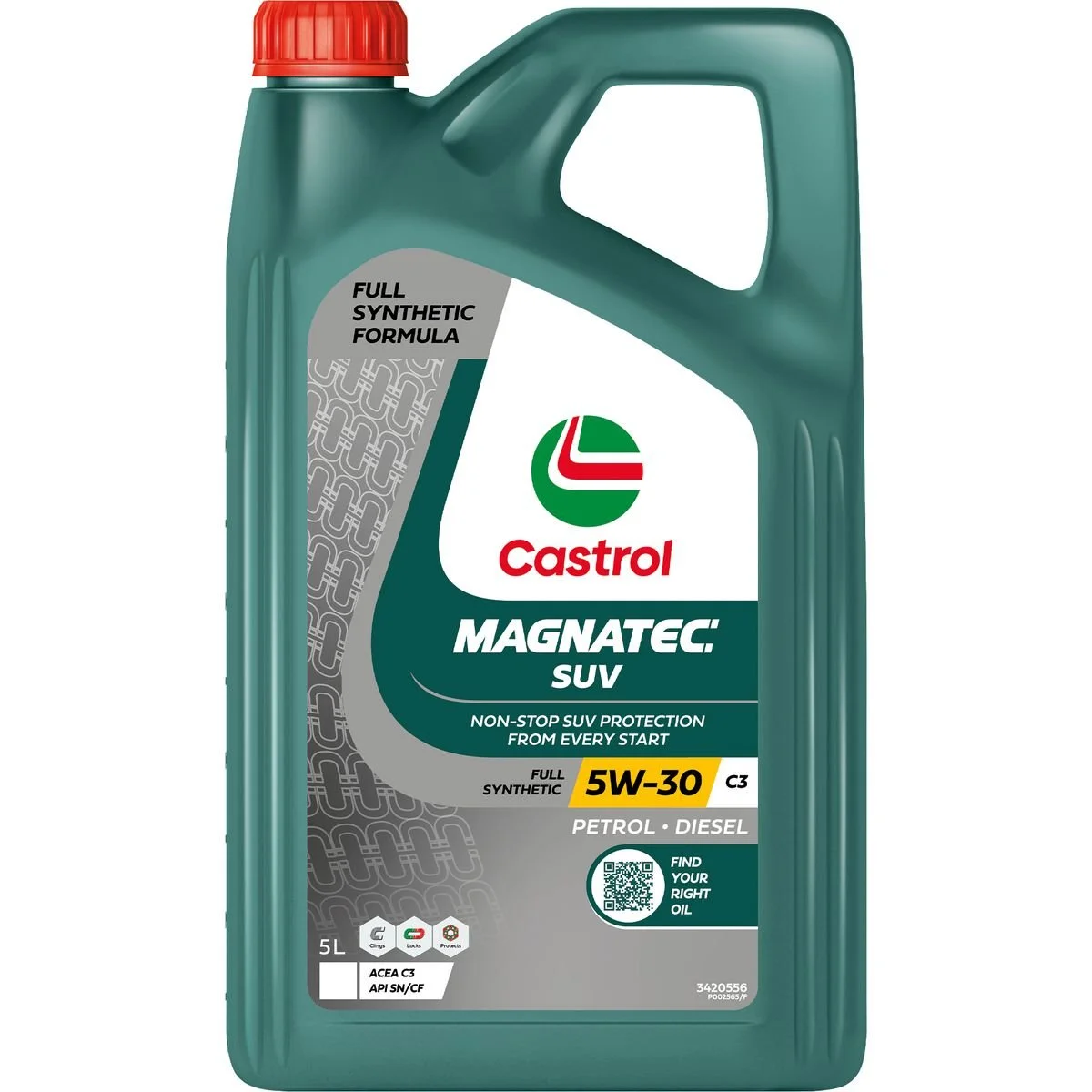Castrol Magnatec SUV full synthetic motor oil with a red cap, green and white label, and yellow 5W-30 marking, designed for petrol and diesel engines.