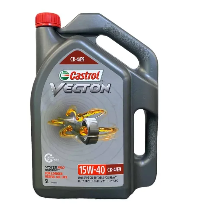 A 5-liter gray plastic container of Castrol Vecton heavy-duty diesel engine oil with a red cap, featuring a label indicating 15W-40 viscosity and SystemPro technology for longer oil life.