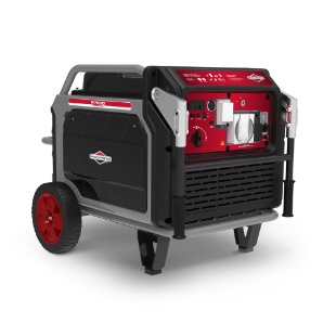 A portable generator with a black and red design, wheels for mobility, and a handle for easy transport.