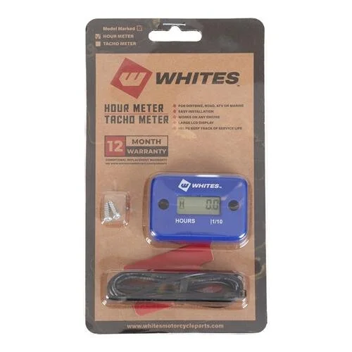 Blue WHITES hour and tachometer meter in plastic packaging with screws and cable, on cardboard backing.