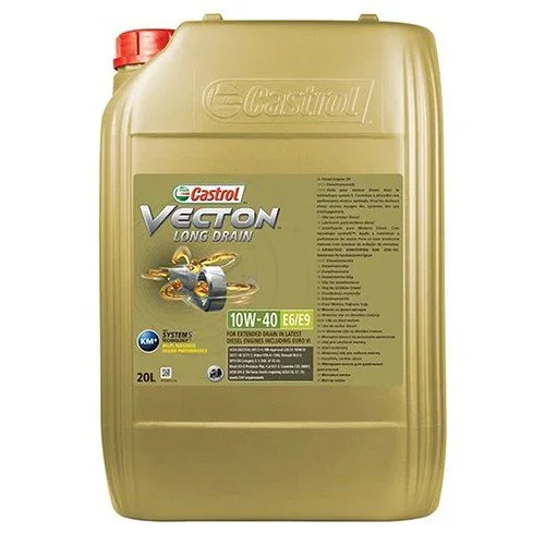 A 20-liter container of Castrol Vecton Long Drain engine oil, 10W-40, in a gold-colored plastic jug with a red cap.