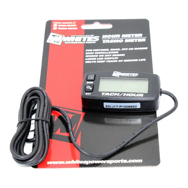 Digital hour meter device with black body, LCD screen, two buttons, and a connected black wire, placed on a black and red packaging card with the Whites logo and website.