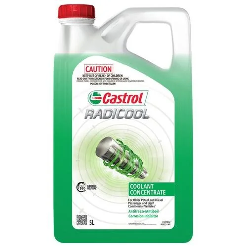 Five-liter container of Castrol Radicool Coolant Concentrate with a red cap and green label.