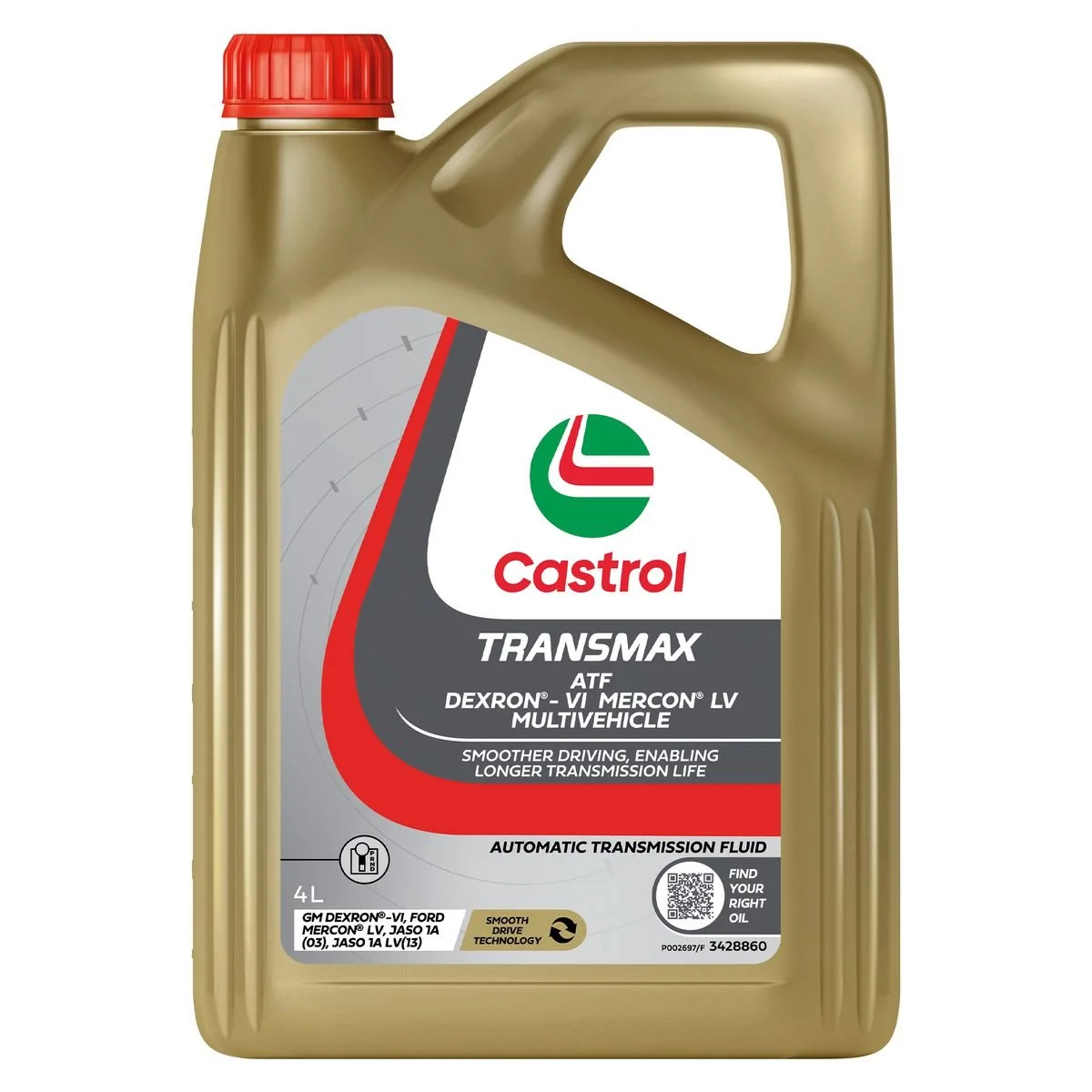 A 4-liter bottle of Castrol Transmax automatic transmission fluid with a red cap and green, white, and black label indicating it is for automatic transmissions.