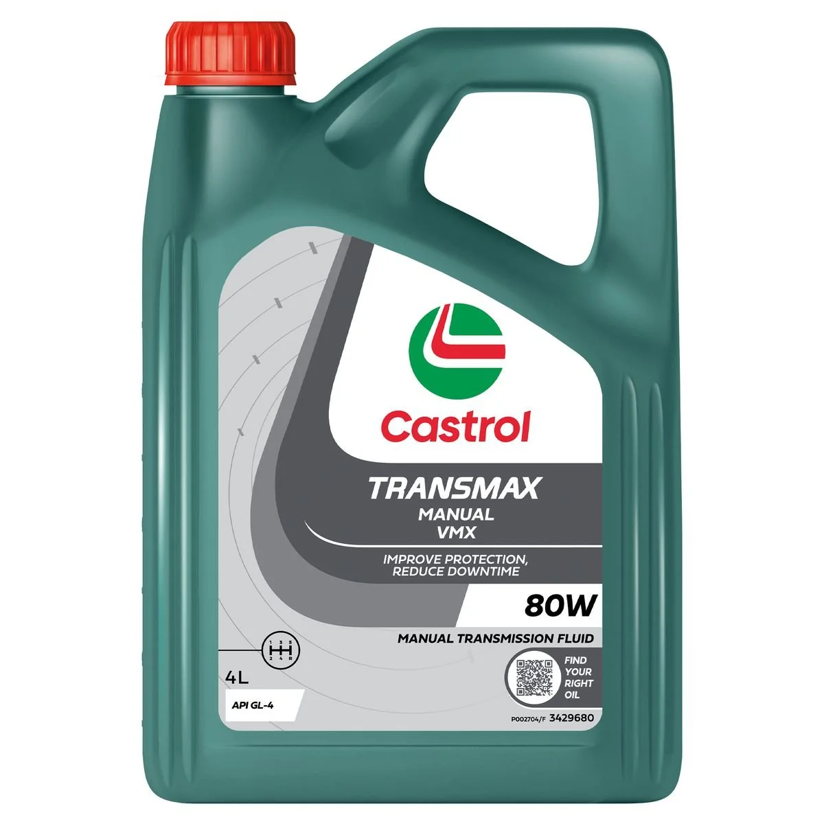 Castrol Transmax Manual VMX transmission fluid with a red cap and a label indicating 4 liters volume, 80W viscosity, and suitable for manual transmissions.