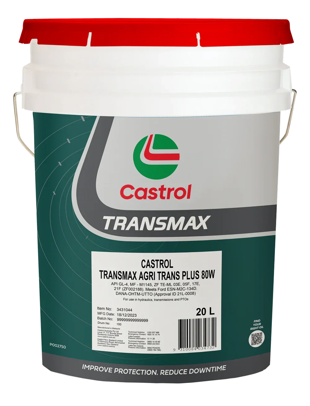 A large white bucket with a red lid containing Castrol Transmax AGRI Trans Plus 80W transmission oil. The bucket has a green and gray label with the Castrol logo, product name, and details, and a barcode on the front.