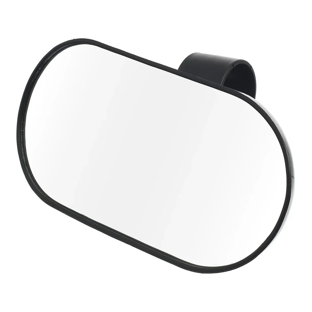 A modern oval-shaped wall mirror with a black frame and mounting bracket.