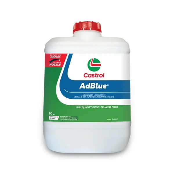 A 10-liter container of Castrol AdBlue diesel exhaust fluid with a red cap and green, white, and blue labeling.