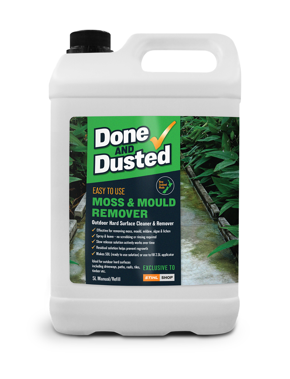 A white container of Done and Dusted moss and mold remover with a green label featuring an outdoor garden scene and plant beds.