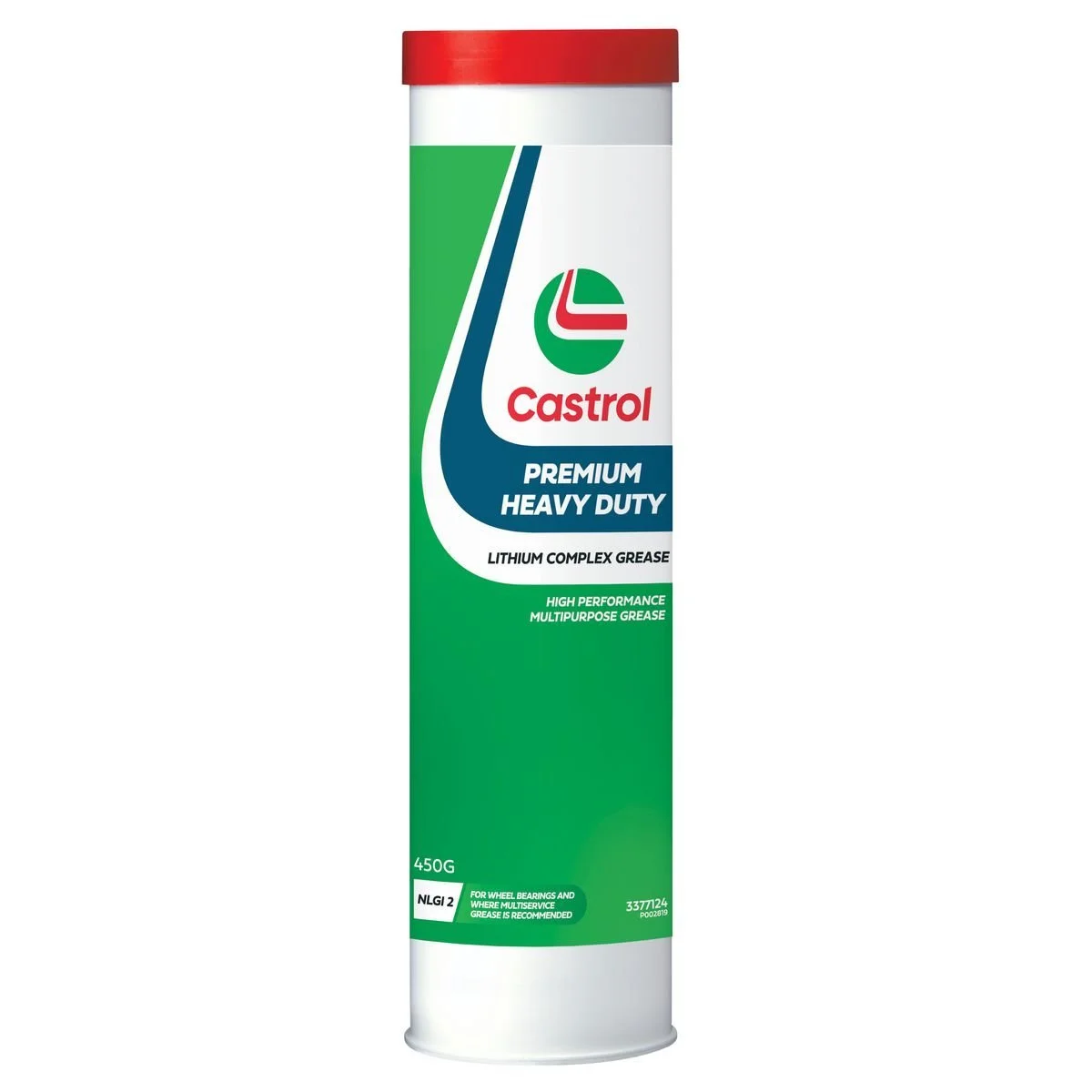 A container of Castrol Premium Heavy Duty Lithium Complex Grease with a red lid and green, white, and blue labeling.
