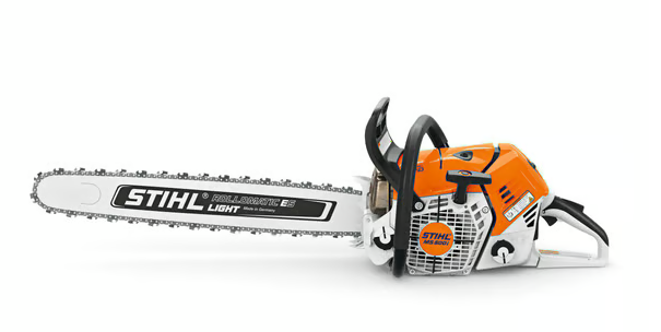 Orange and white Stihl chainsaw with a long cutting bar and chain.