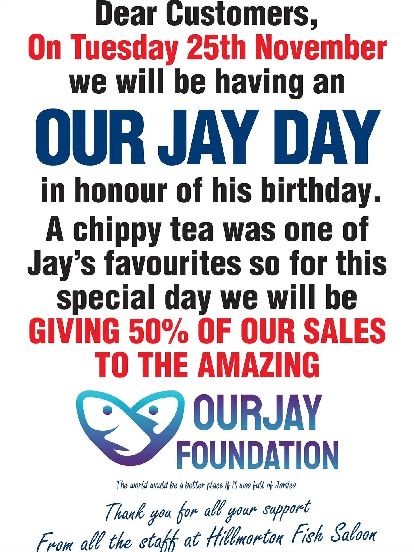This has really touched us. Jamie absolutely loved a &lsquo;chippy tea&rsquo; from his favourite, Featherbed Lane. We will all be enjoying a &lsquo;chippy tea&rsquo; on Jamie&rsquo;s birthday and we are so grateful that Nick and the team at @hillmort