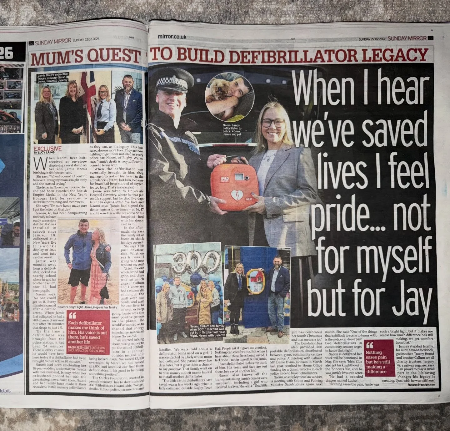 This is how I know my Jamie is still here with us. 
He makes sure that things happen on our worst days. I never expected that we would be on a double page spread in the Sunday Mirror today, talking about Jamie&rsquo;s accessible defibrillators and ou