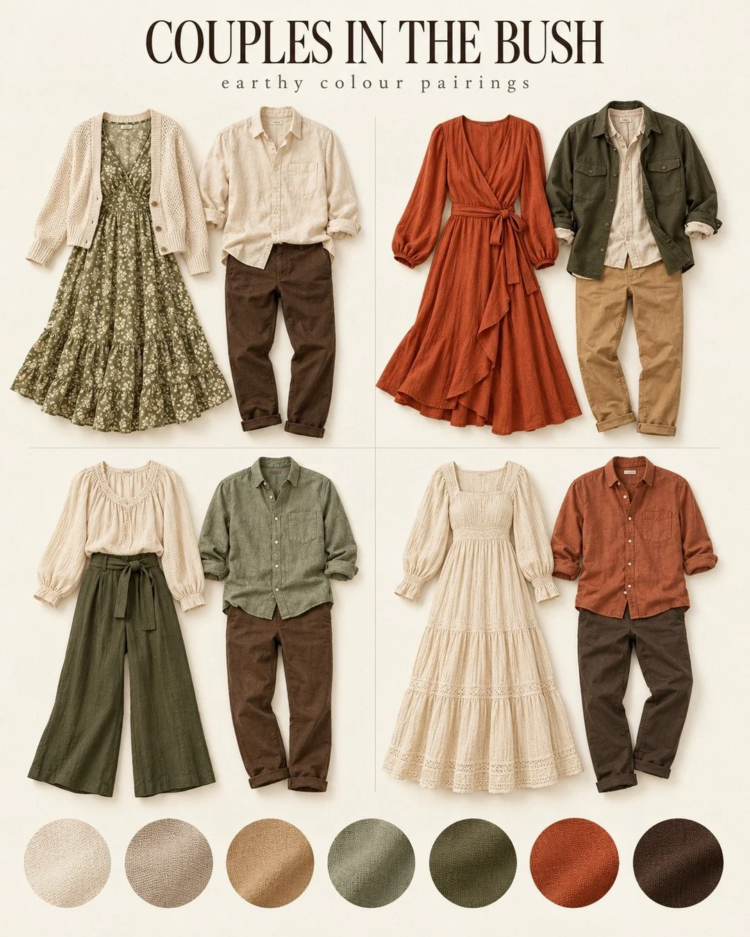 Got a photo shoot in a bush location coming up?

Not sure what to wear?  Earthy colours always look stunning in bushland. 

We love these clothing boards to give you some ideas on what you might like to wear at your bush shoot.

** Images of people a