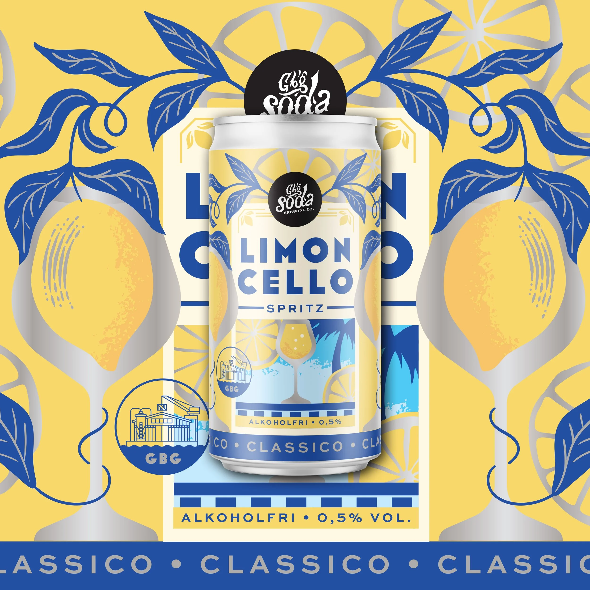 En designad burk med espresso tonic, omgiven av lime- och kaffebönemotiv i en retrostil