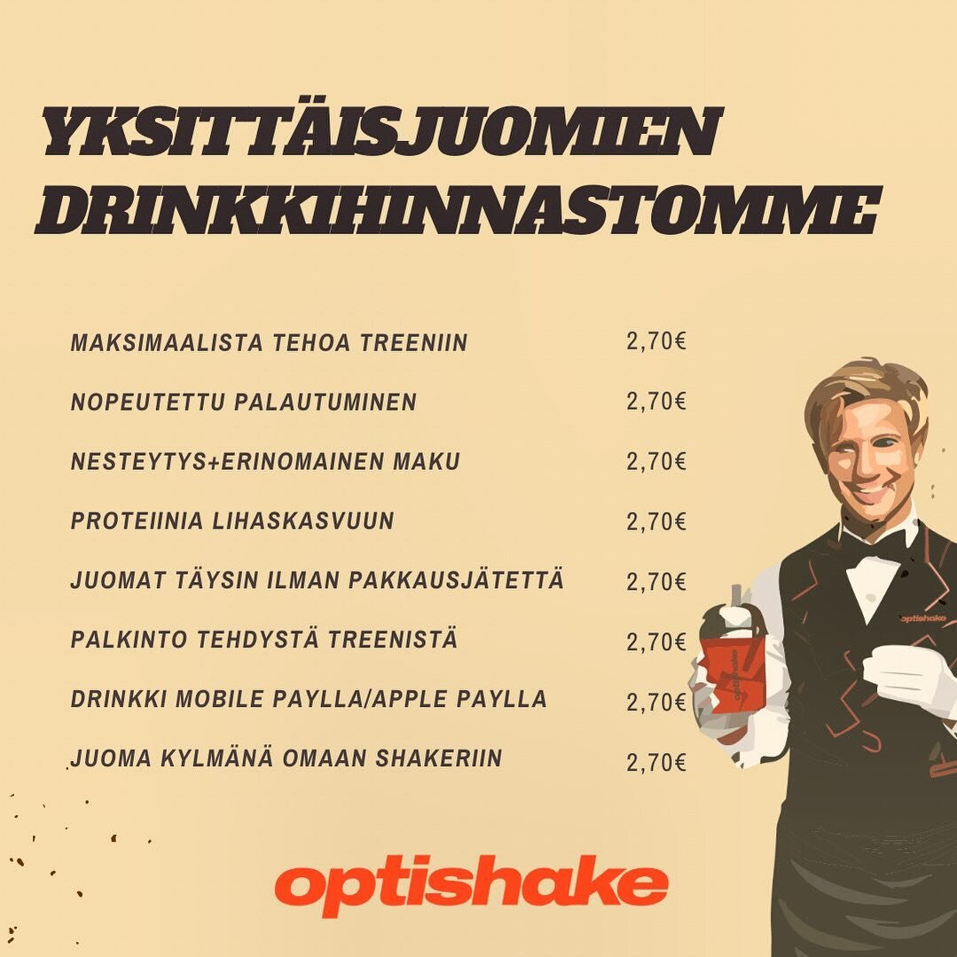 Optishake automaatista v&auml;h&auml;n terveellisemm&auml;t perjantaidrinkit🔥 Mink&auml; n&auml;ist&auml; s&auml; valitset? Juomapaketilla 19,90&euro; voit napata vaikka 10 drinkki&auml;, kuukausimaksulla 34,90&euro; vaikka joka p&auml;iv&auml; 3 ky