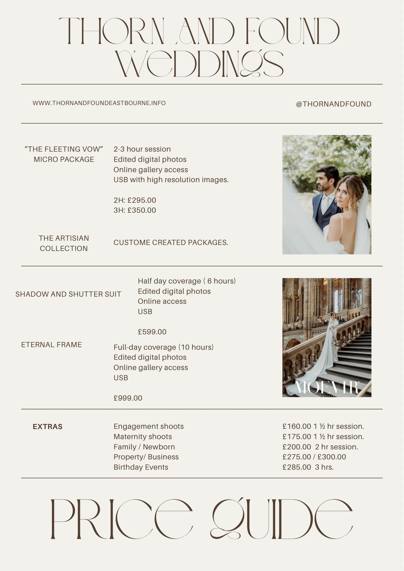Price guide for Thorn and Found wedding photography services, including packages for digital photos, half-day, full-day coverage, and additional extras with pricing details, with two images of a bride and groom on the right.