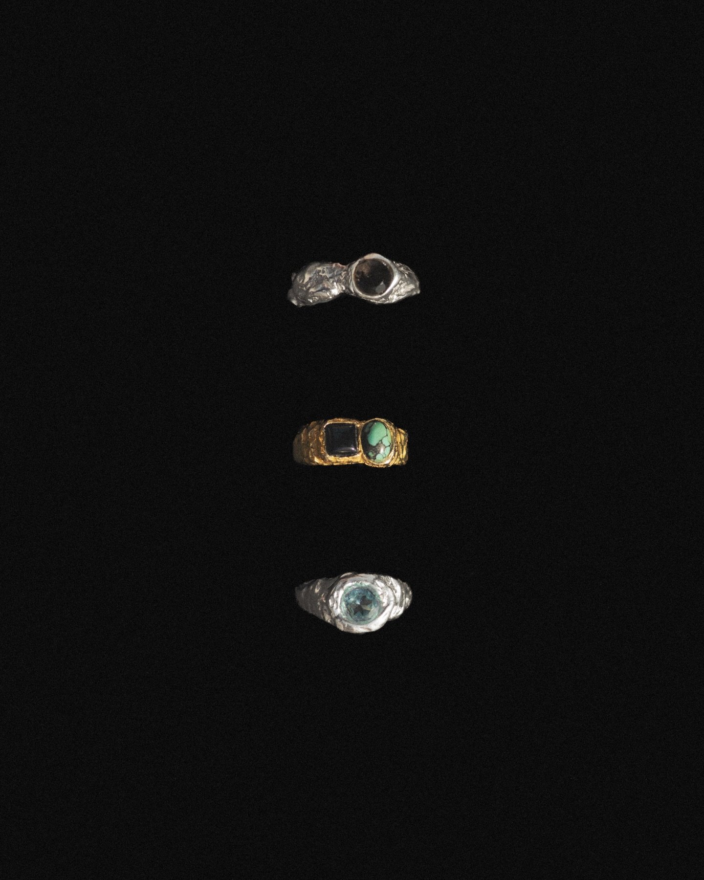 Three rings, one unforgettable look.

Cielo &mdash; inspired by the boundless sky, with a striking blue topaz in sterling silver.
Notte e Mare &mdash; deep onyx and vibrant turquoise in refined gold vermeil, a harmony of night and sea.
Notturno &mdas