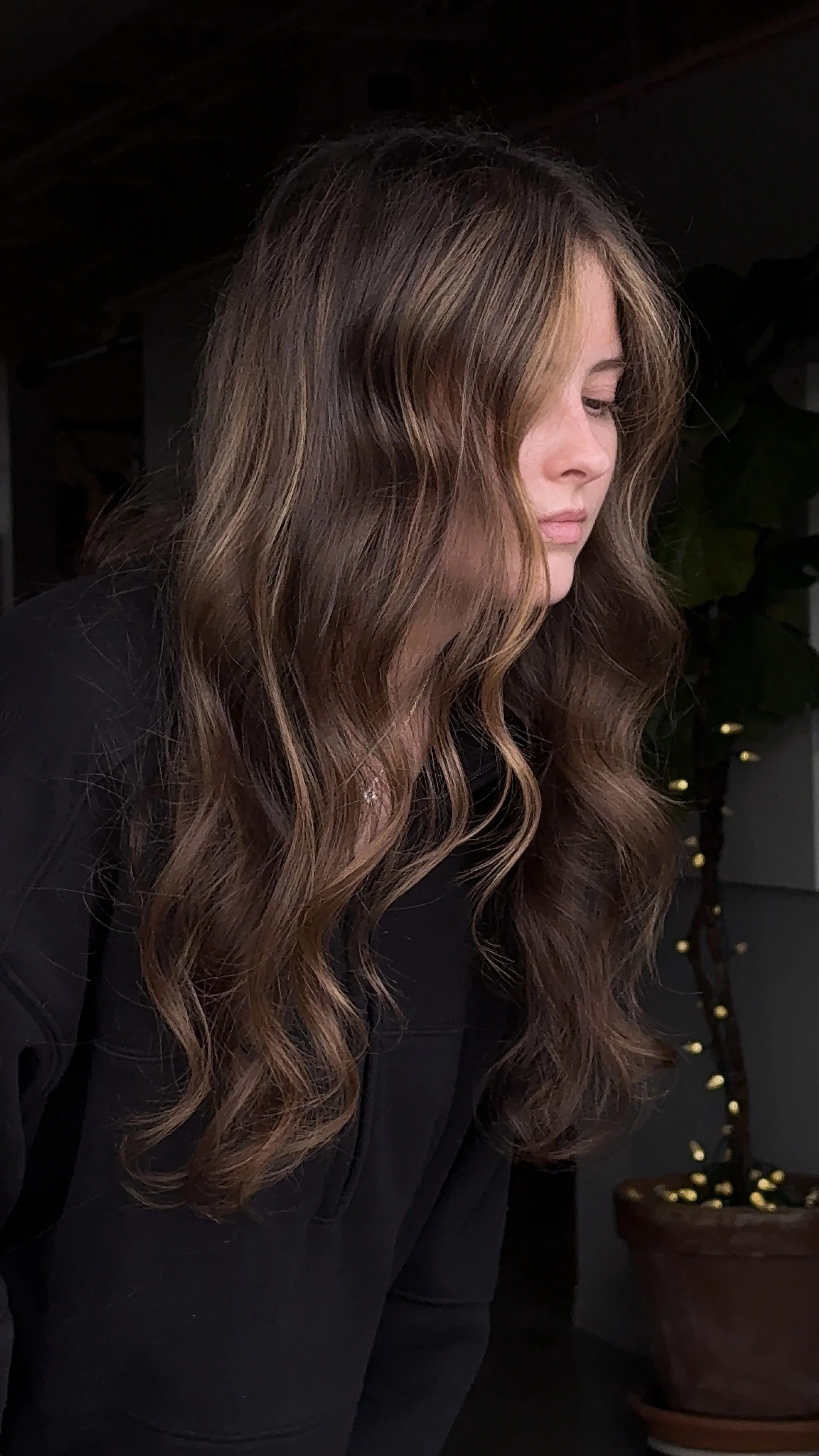 Dimensional Color, brunette hair with hand-painted dimensional highlights.