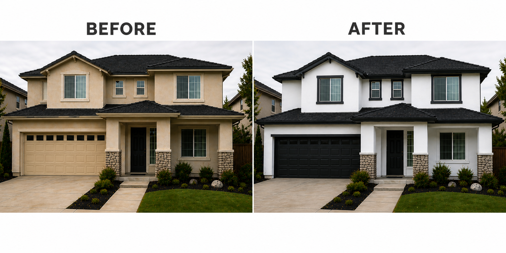 Side-by-side before and after of a stucco home exterior painting project with updated white and black color scheme