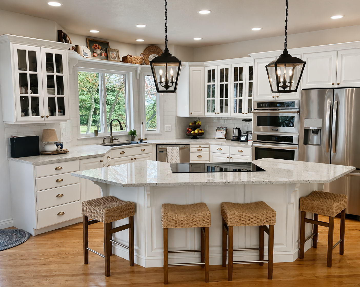 Freshly painted white kitchen cabinets