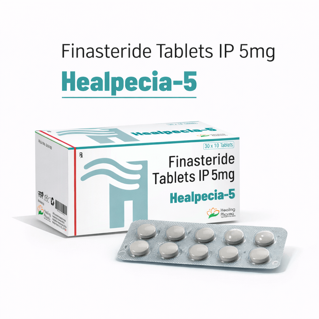 Healpecia-5 finasteride tablet packaging with blister pack