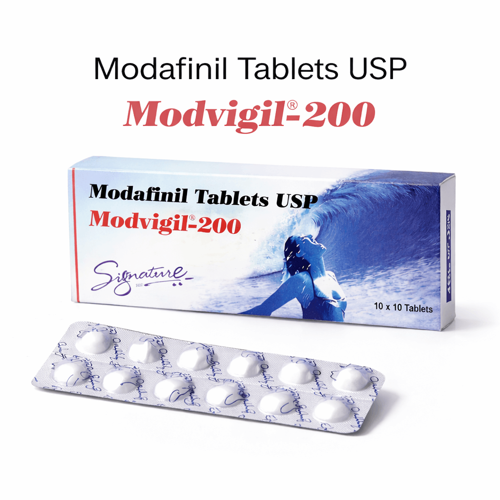 Modvigil 200 modafinil tablet packaging with blister strip