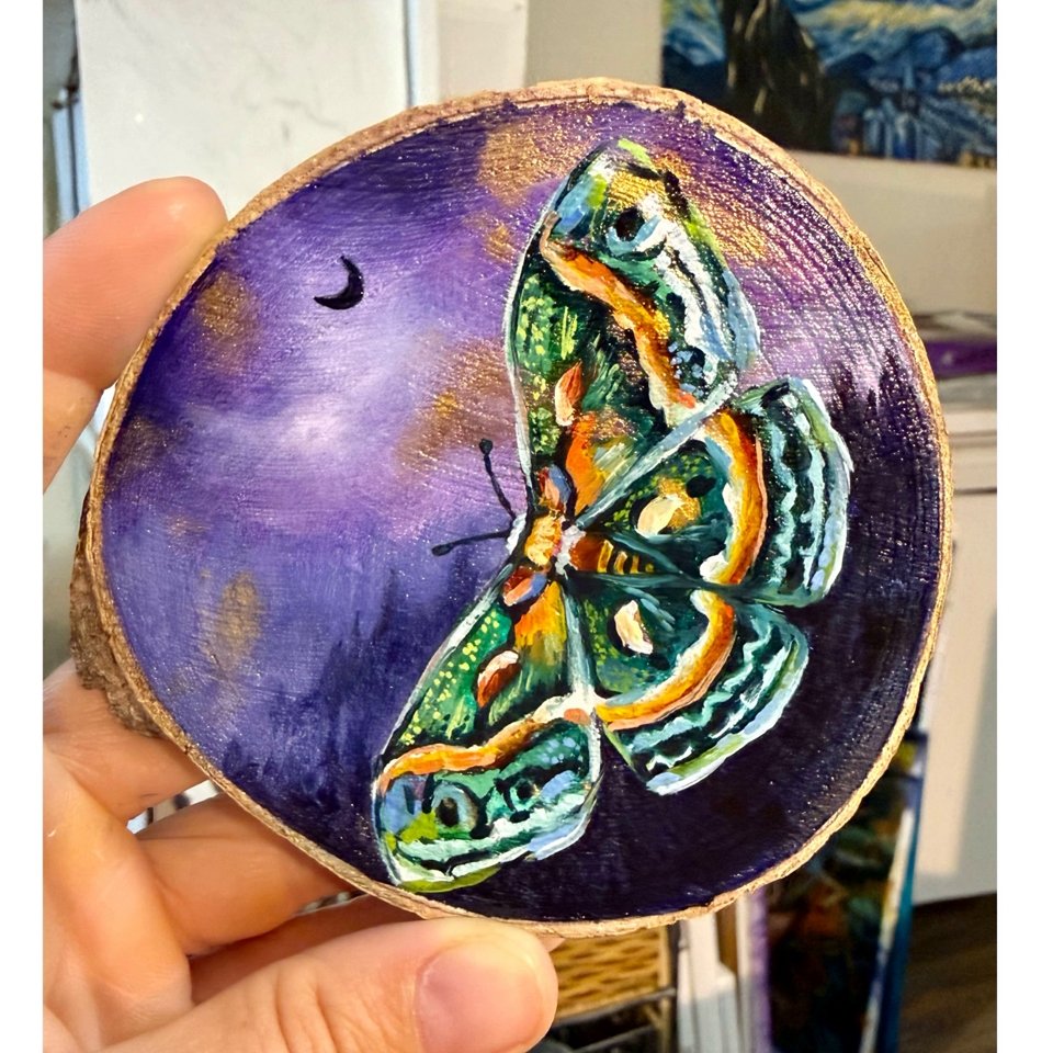 "Over Mysterious Forest" moth mini painting on wood, Nesty Luna Art by Anastassia Shorikov.JPG