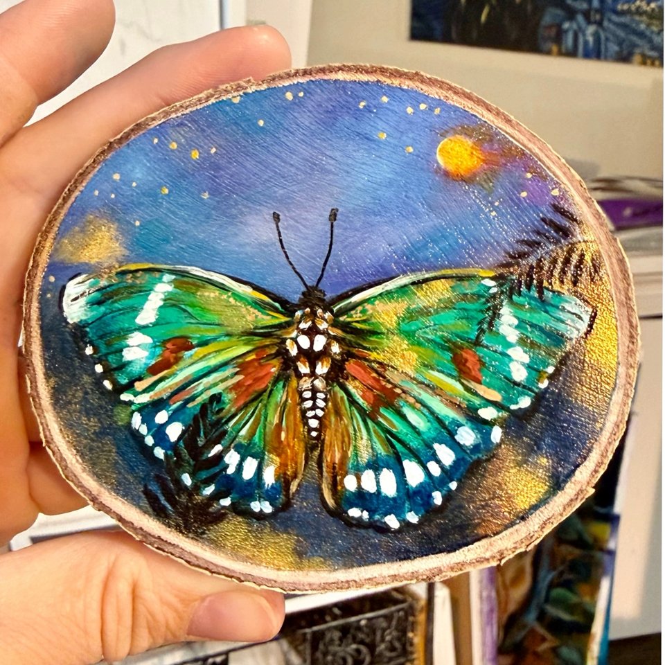 "In Full Moon Light" butterfly mini painting on wood, Nesty Luna Art by Anastassia Shorikov.JPG