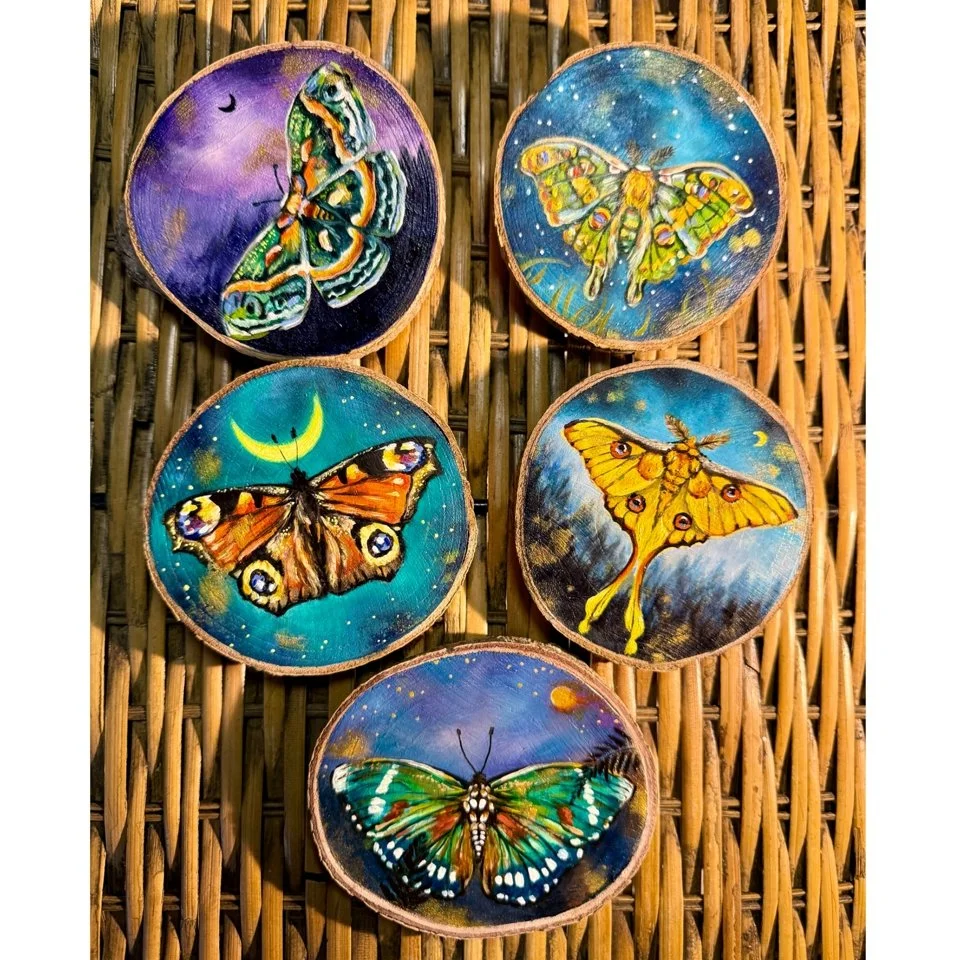 Collection of five butterfly and moth mini painting on wood, Nesty Luna Art by Anastassia Shorikov.JPG