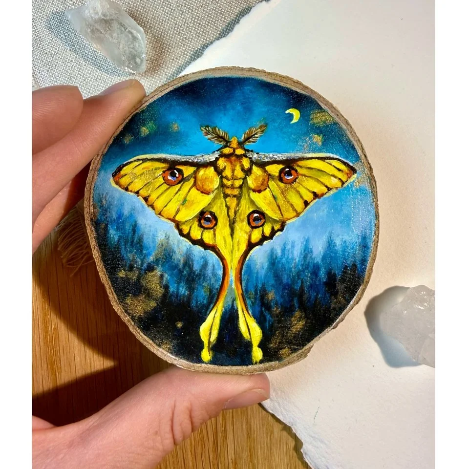 "Moon Moth" moth mini painting on wood, Nesty Luna Art by Anastassia Shorikov 1.JPG